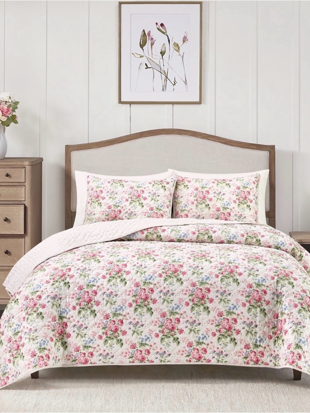 Laura Ashley 3-Piece Reversible Soft Quilt Set, King, Pink